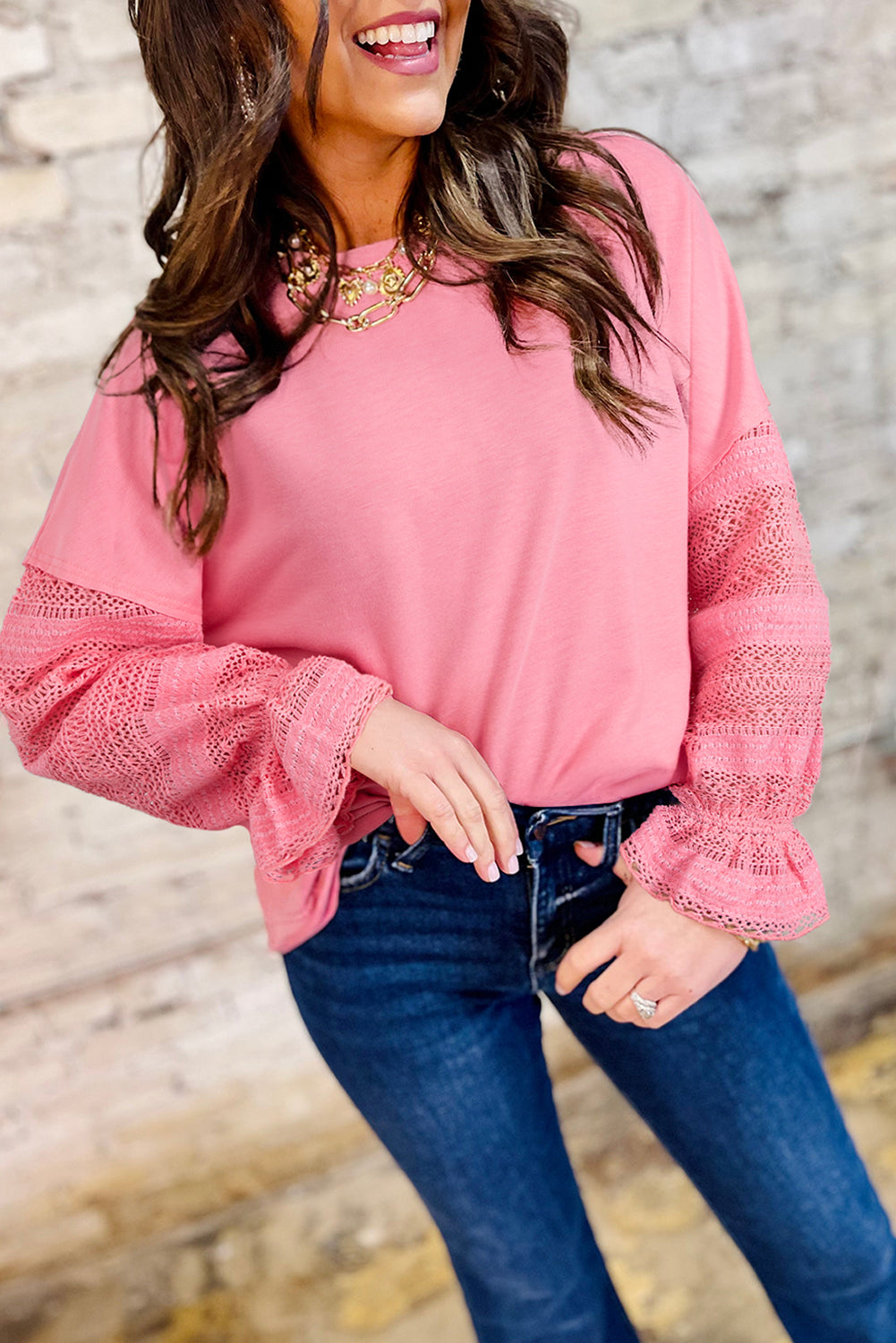 Sachet Pink Lace Patchwork Sleeve Loose Sweatshirt