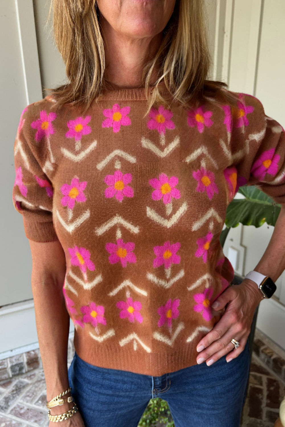 Brown Floral Pattern Short Puff Sleeve Sweater