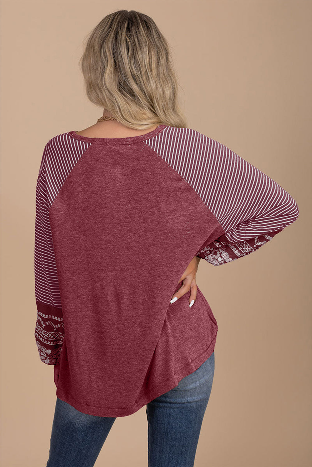 Brown Contrast Print Striped Raglan Long Sleeve Loose Top