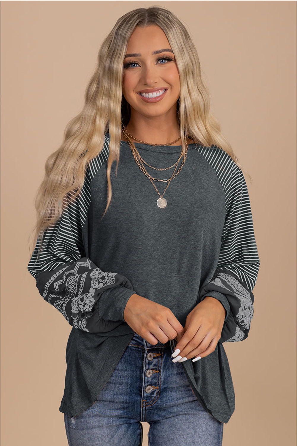 Brown Contrast Print Striped Raglan Long Sleeve Loose Top
