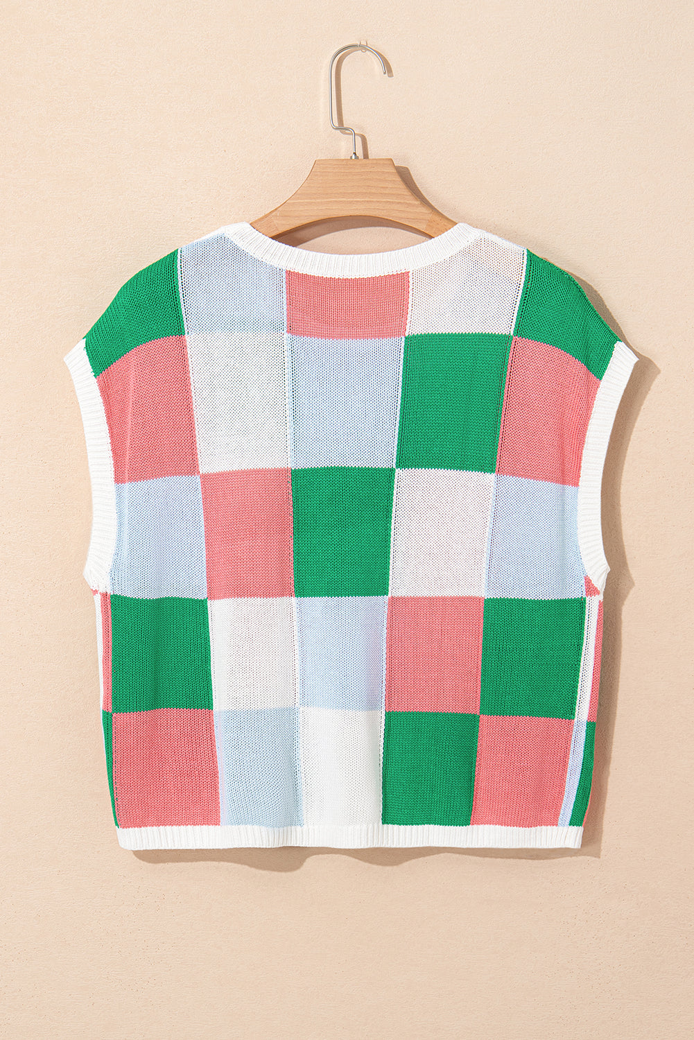 Fiery Red Checkered Color Block Cap Sleeve Knitted Top