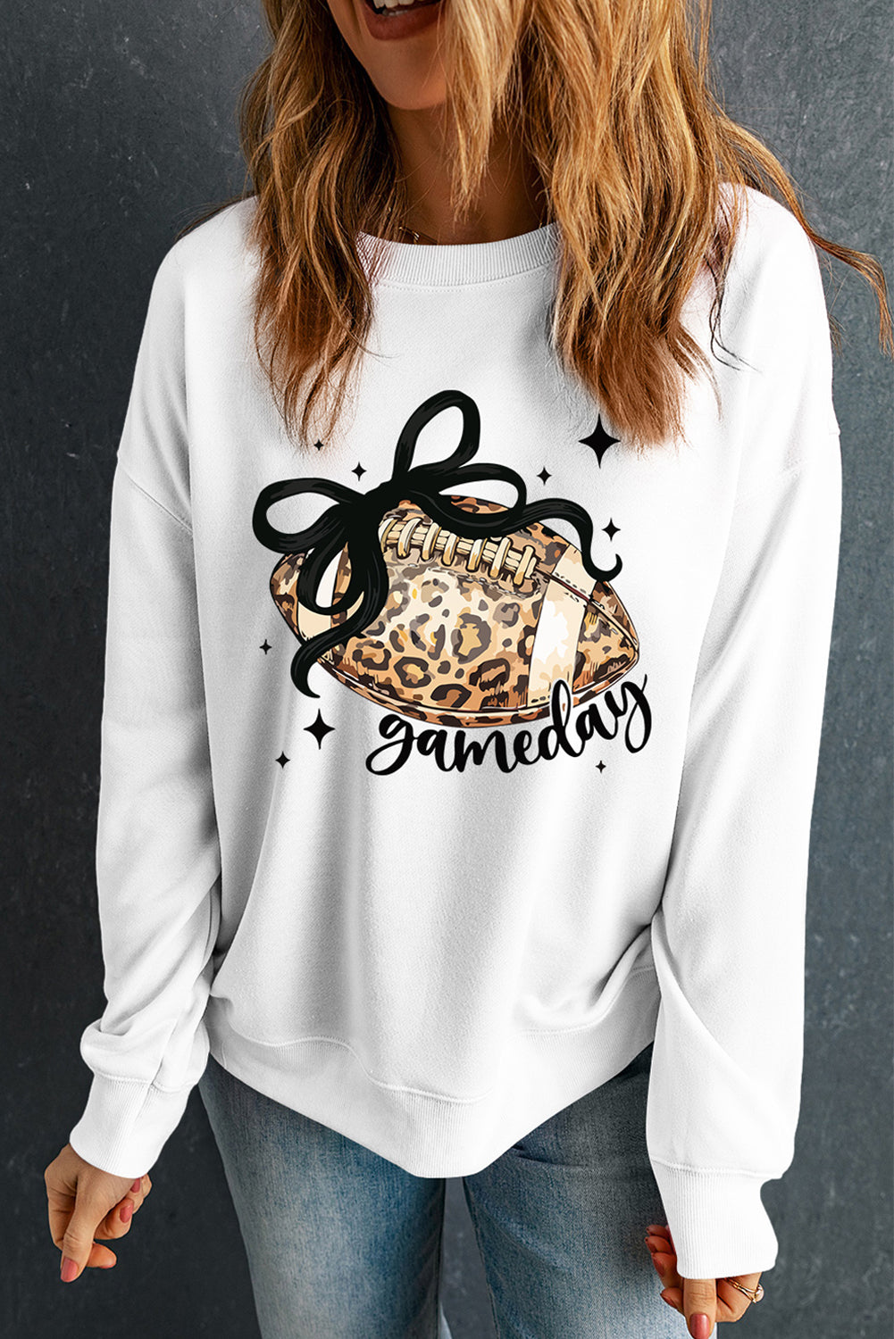 White Game Day Leopard Football Crew Neck Sweatshirt