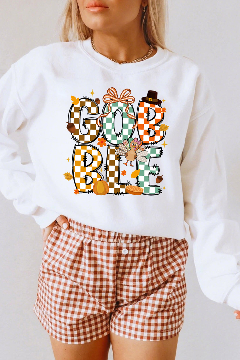 White GOBBLE Checkered Letter Turkey Graphic Heat Transfer Printing Thanksgiving Sweatshirt