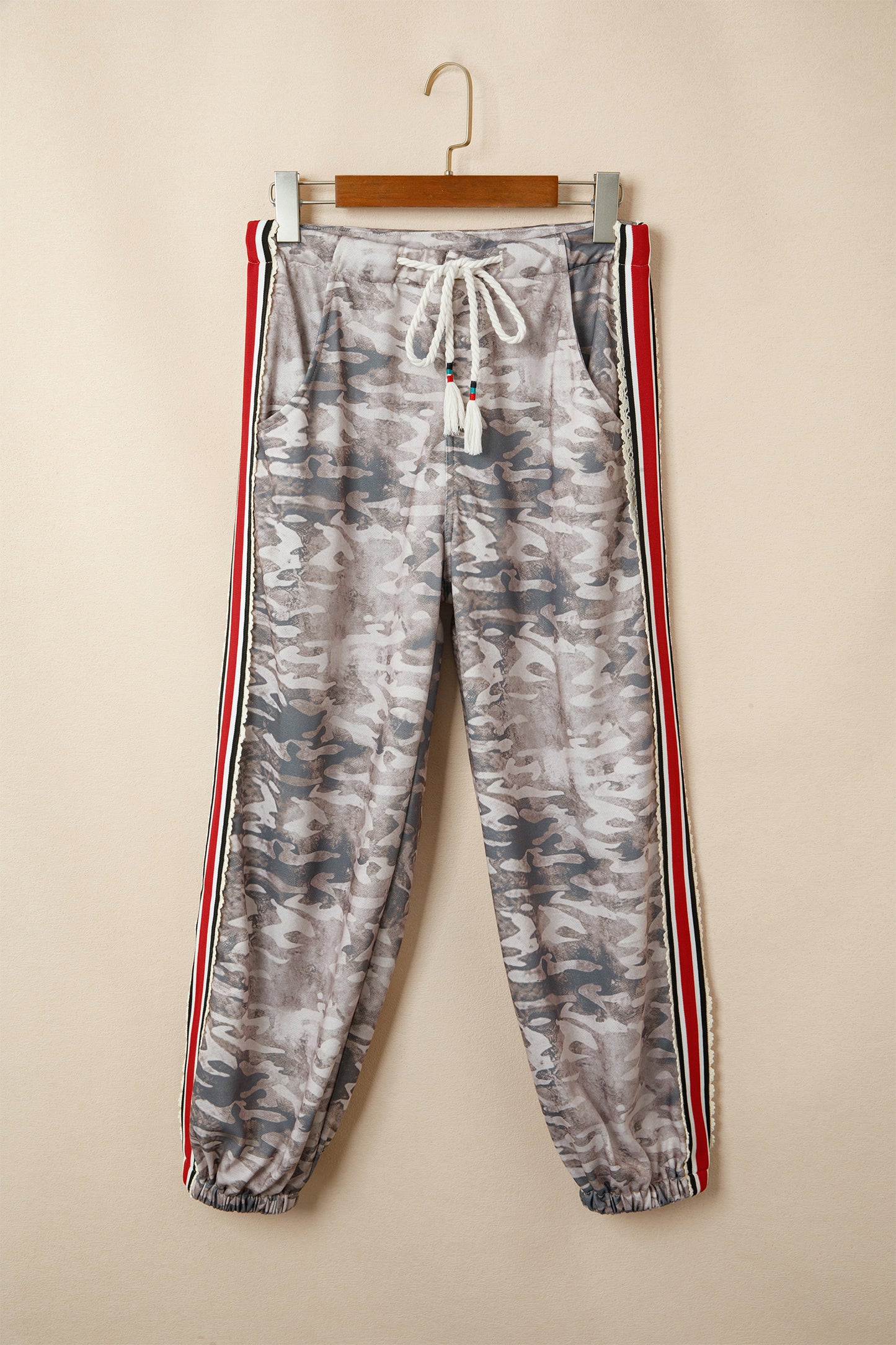 Green Camouflage Print Striped Side Panel Patchwork Drawstring Pants