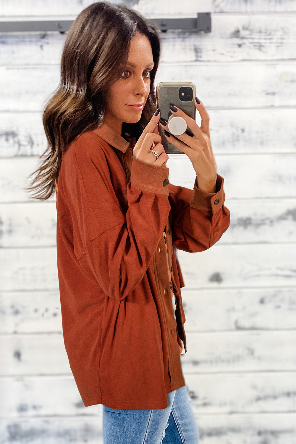 Gold Flame Velvet Flap Pockets Drop Shoulder Casual Shacket