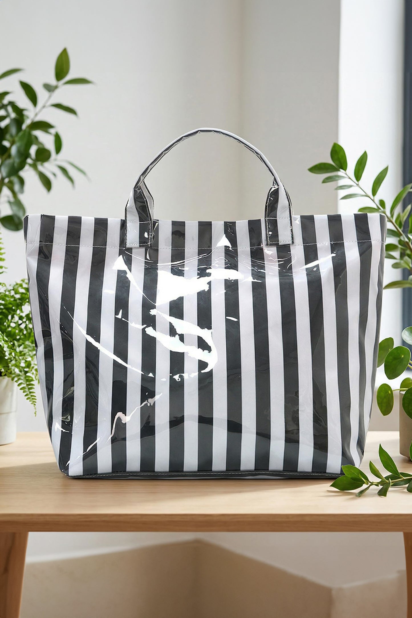 Pink Glossy Striped Vinyl Large Tote Bag
