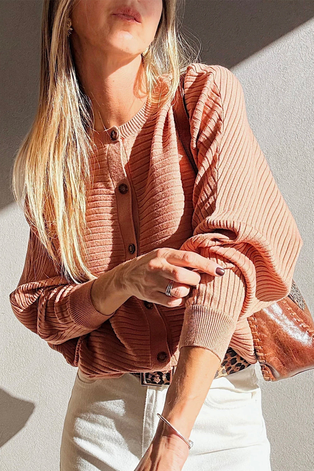 Apricot Pink Rib Knit Button Front Dolman Sleeve Cardigan