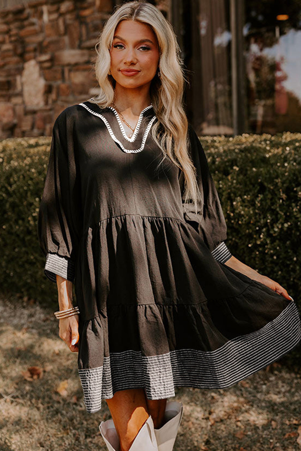 Black Contrast Stitched V Neck 3/4 Sleeve Swing Mini Dress