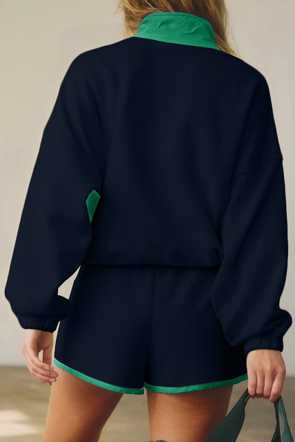 Red Dahlia Colorblock Patchwork Half Button Pullover and Shorts Outfit