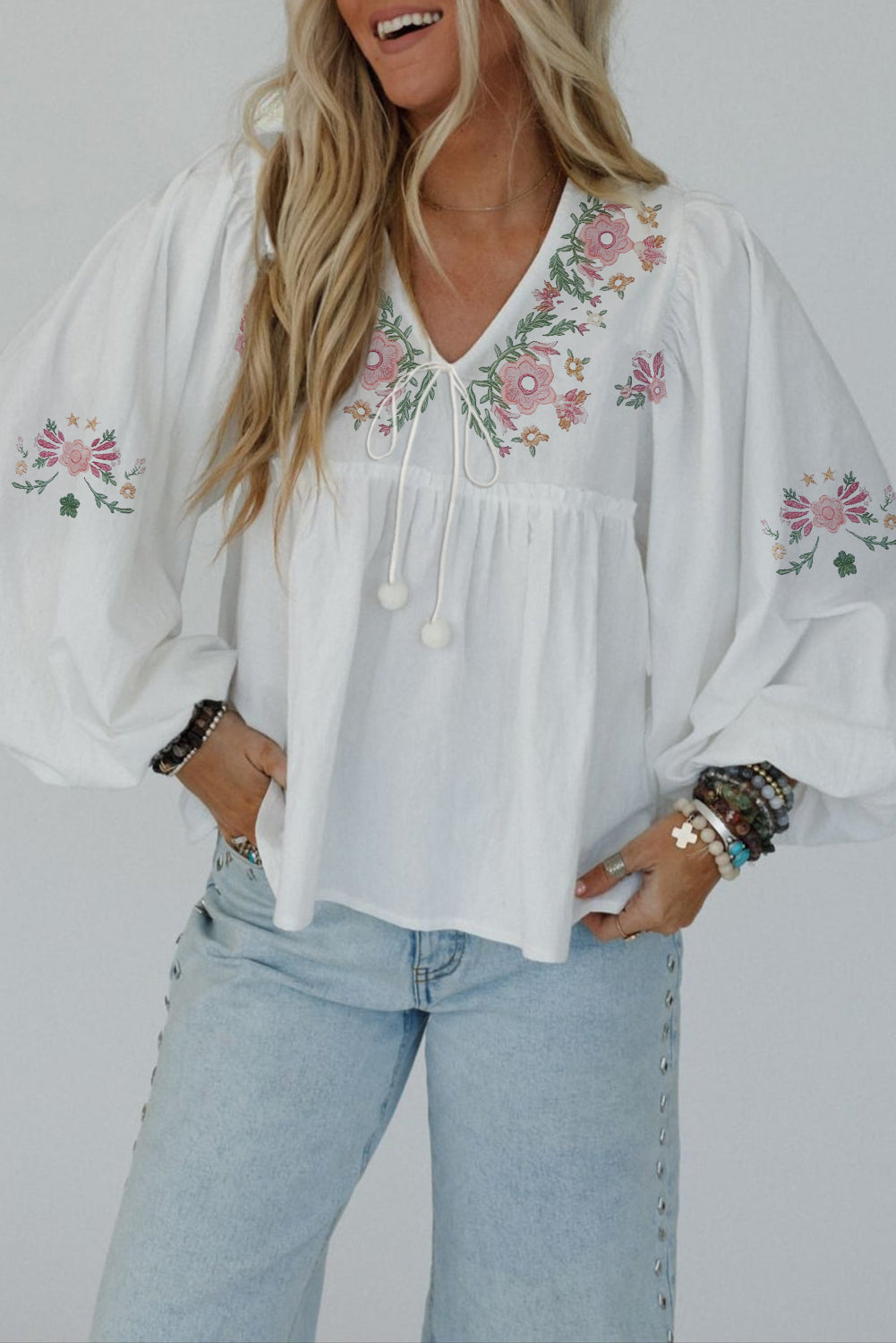 White Flower Lace-up V Neck Flowy Babydoll Blouse