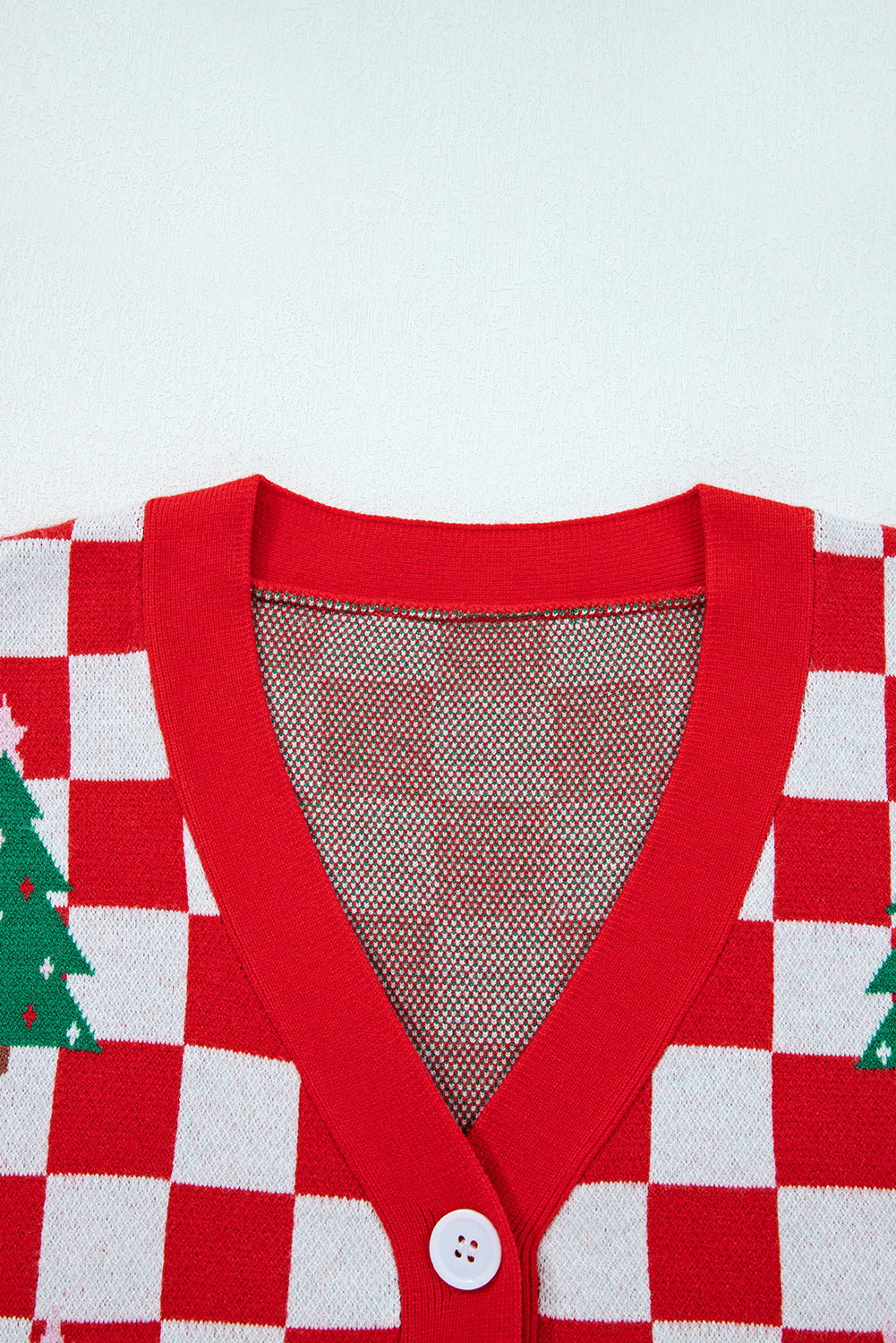 Red Checkered Christmas Tree Pattern Button V Neck Knit Cardigan