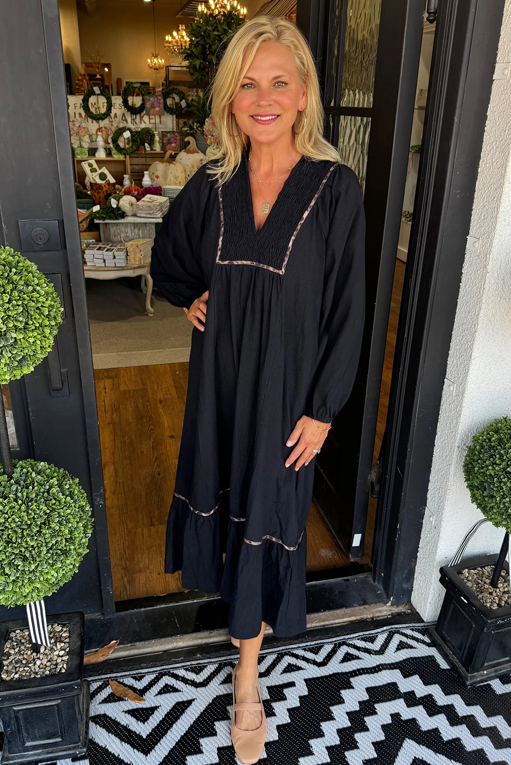 Green Collared V Neck Smocked Detail Contrast Leopard Trim Long Dress