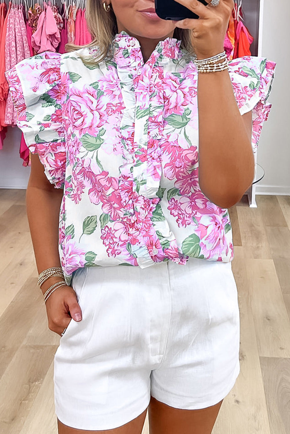 Floral Print Ruffle Sleeve Frilly Button Up Shirt
