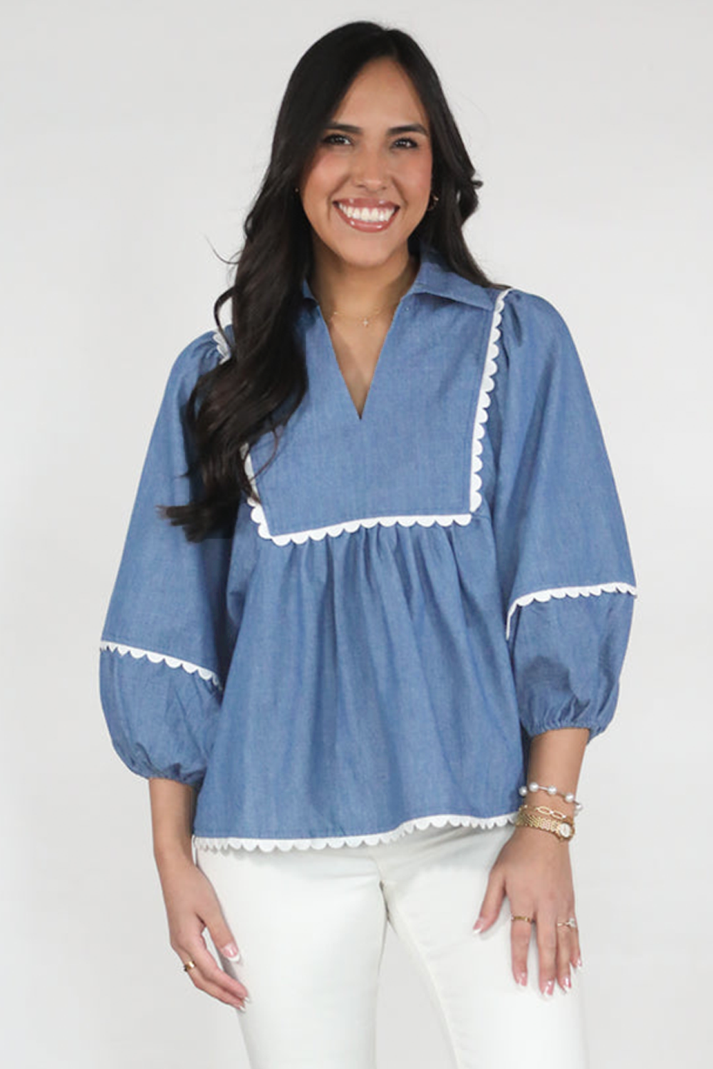 Dusk Blue Scallop Trim Puff Sleeve Collared Babydoll Blouse