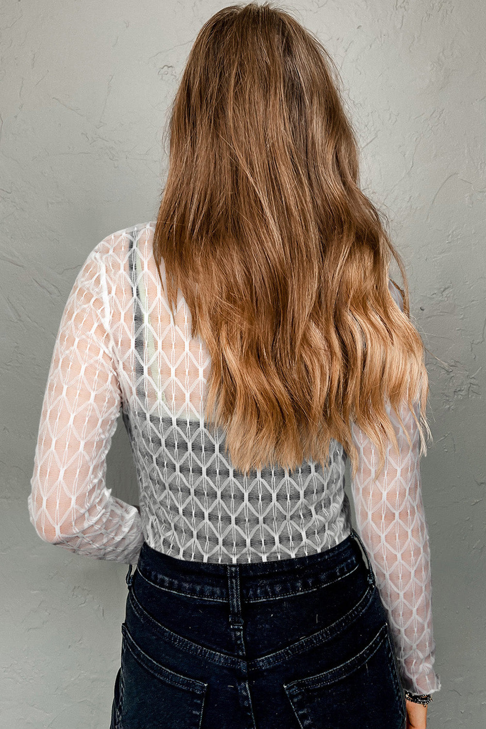 Coffee Sheer Mesh Lettuce Trim Slim Long Sleeve Top