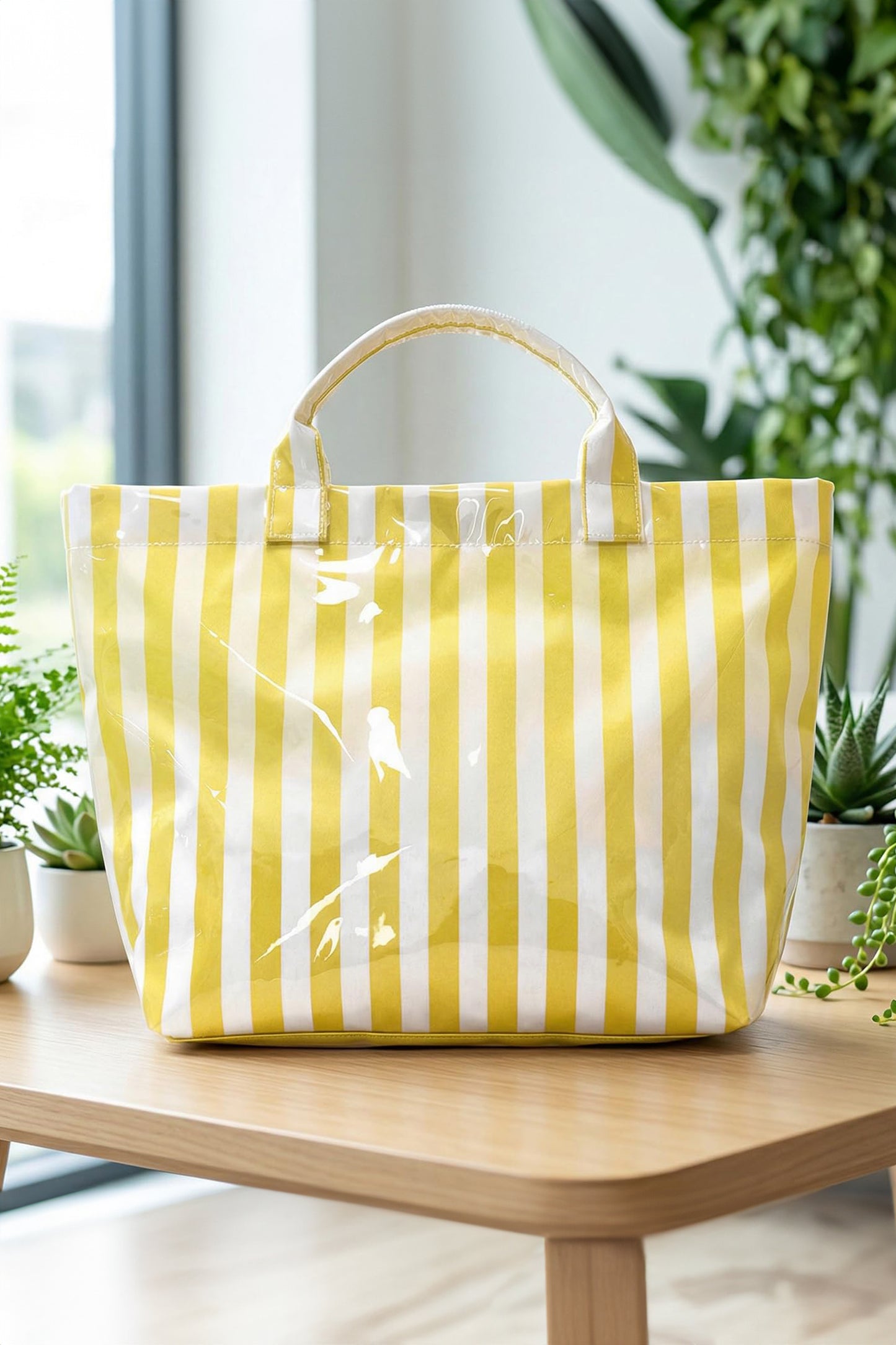 Pink Glossy Striped Vinyl Large Tote Bag