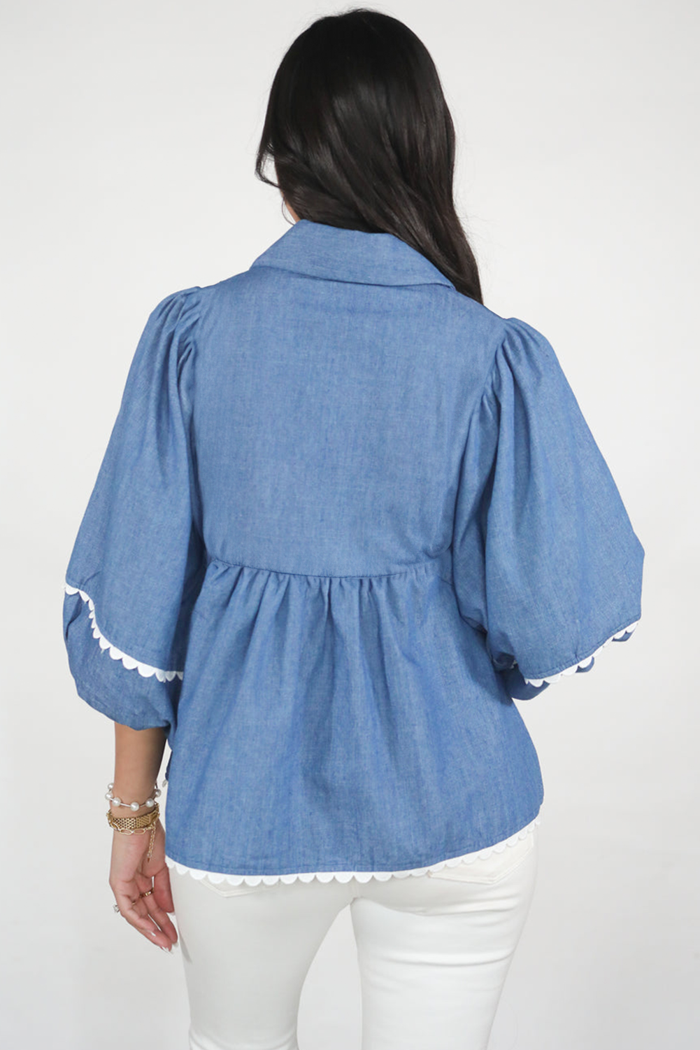 Dusk Blue Scallop Trim Puff Sleeve Collared Babydoll Blouse