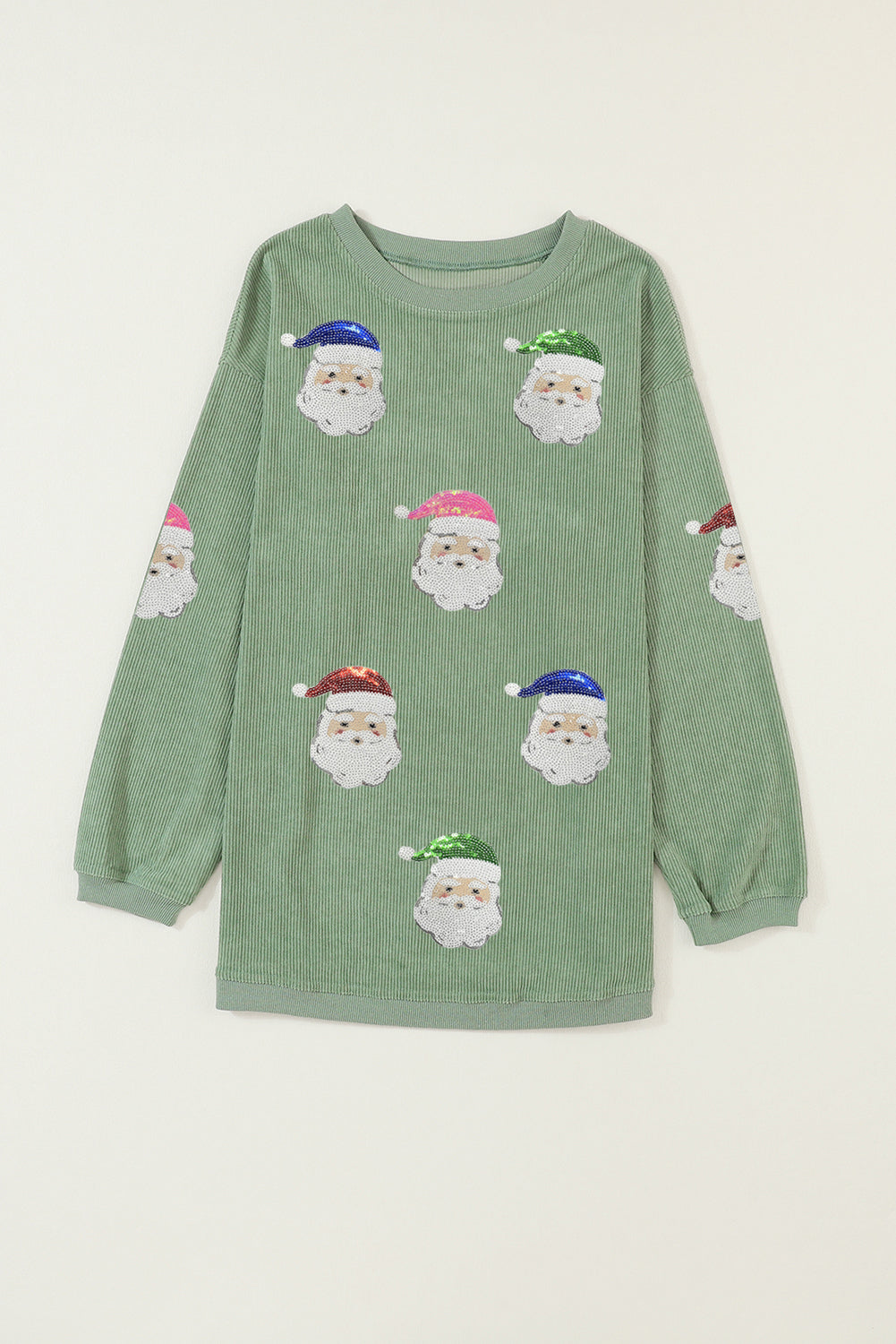 Grass Green Corded Ribbed Santa Claus Graphic Sequins Patch Sweatshirt