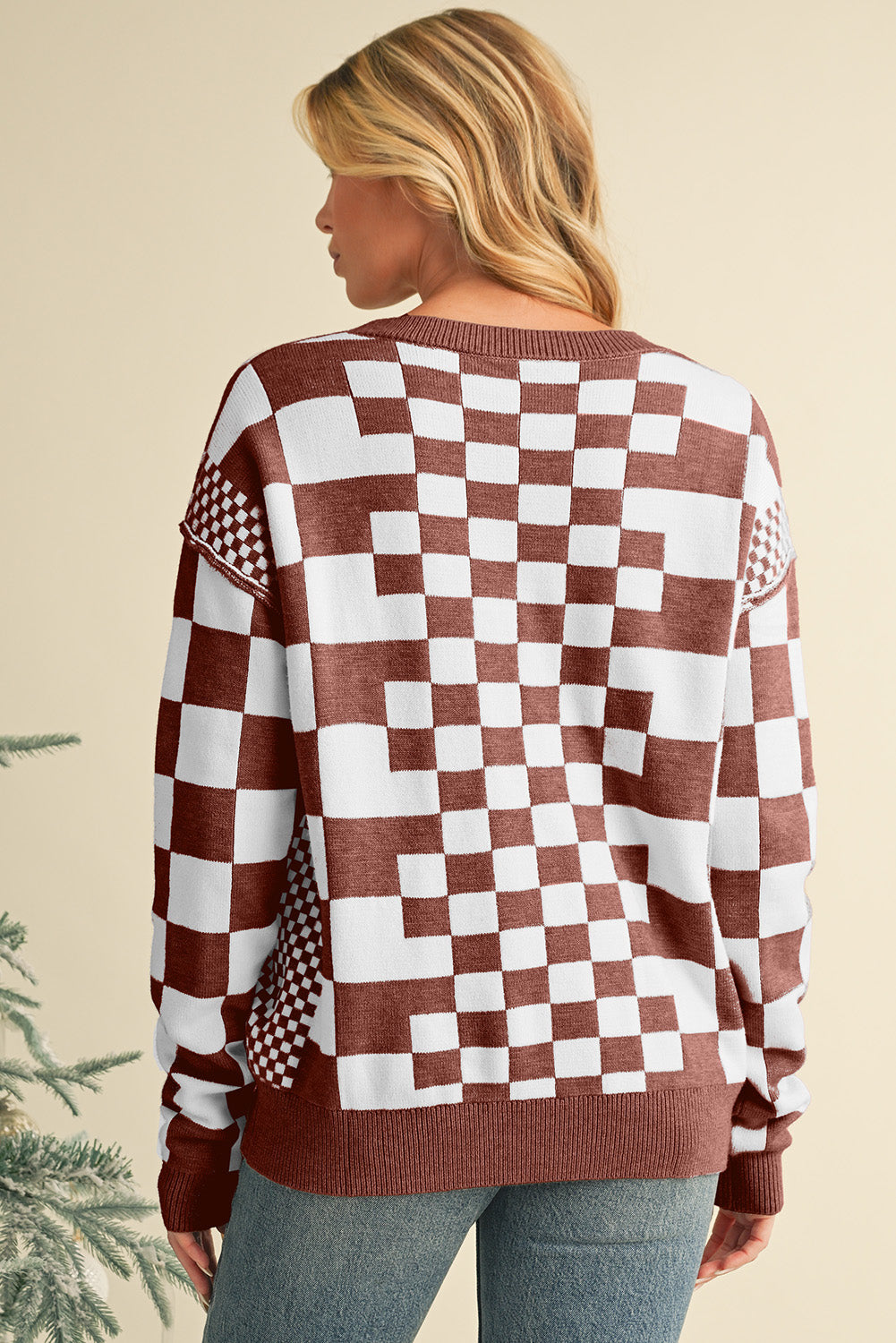 Brown Checkered Drop Shoulder Round Neck Sweater