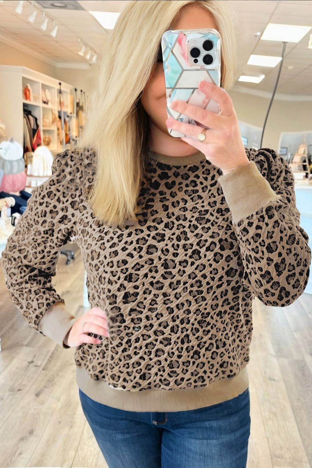 Khaki Leopard Textured Ribbed Trim Plus Size Long Sleeve Top