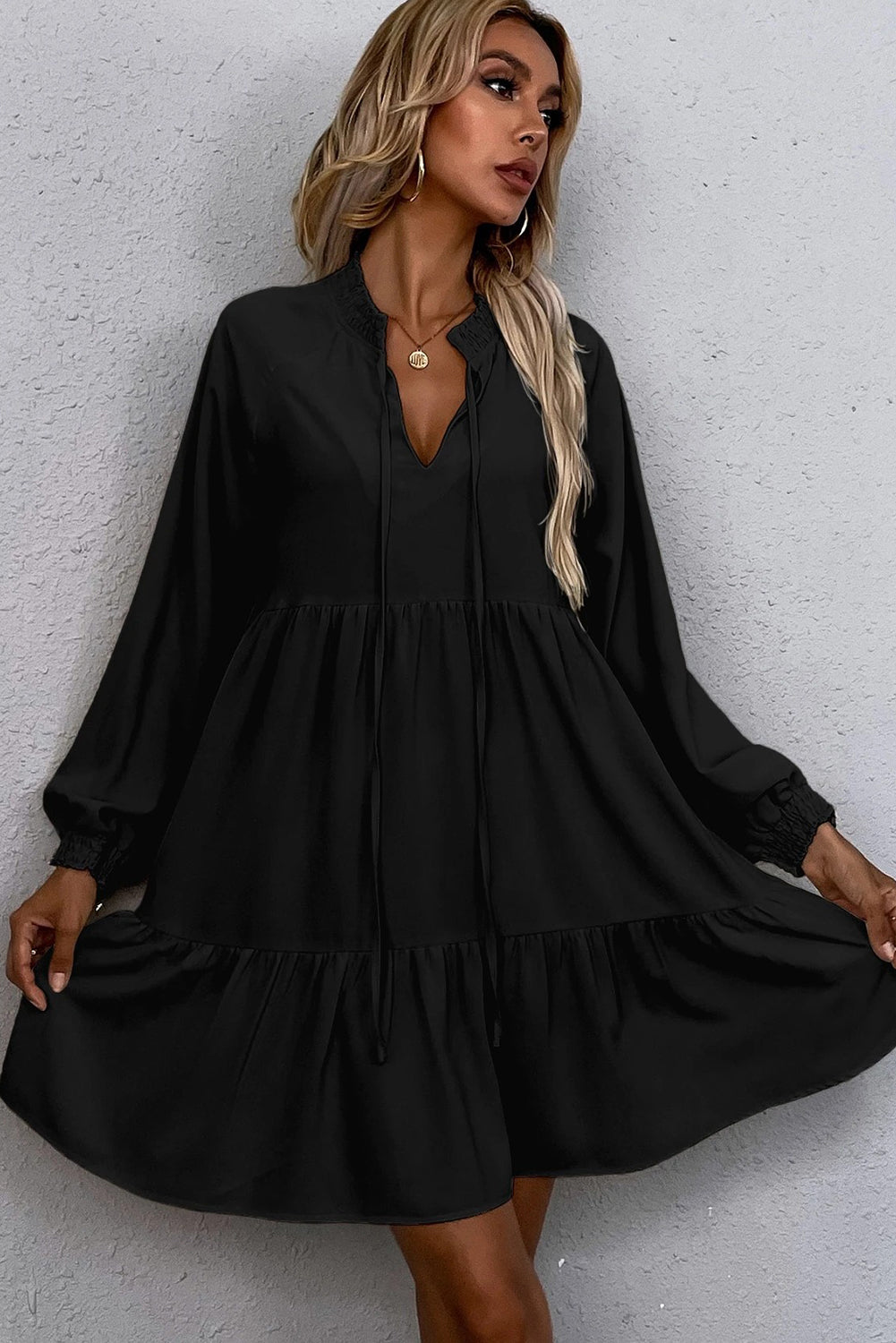 Black Tie Split Neck Smocked Detail Puff Sleeve Ruffle Hem Loose Dress