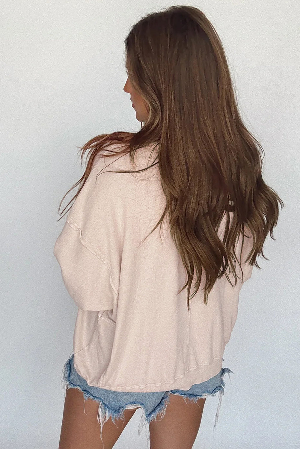 Smoke Green Raw Edge Flower Patch Drop Shoulder Long Sleeve Top