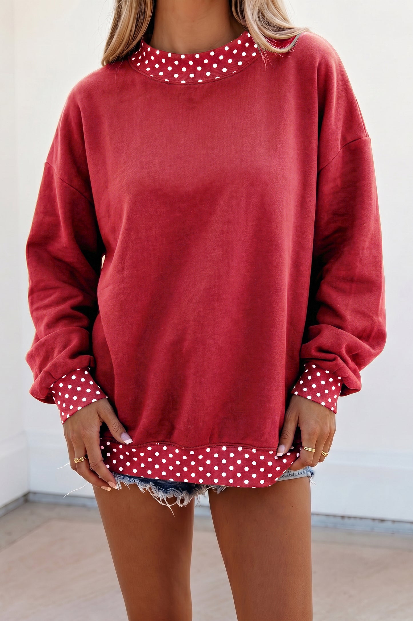 Racing Red Colorblock Polka Dot Contrast Trim Oversized Sweatshirt