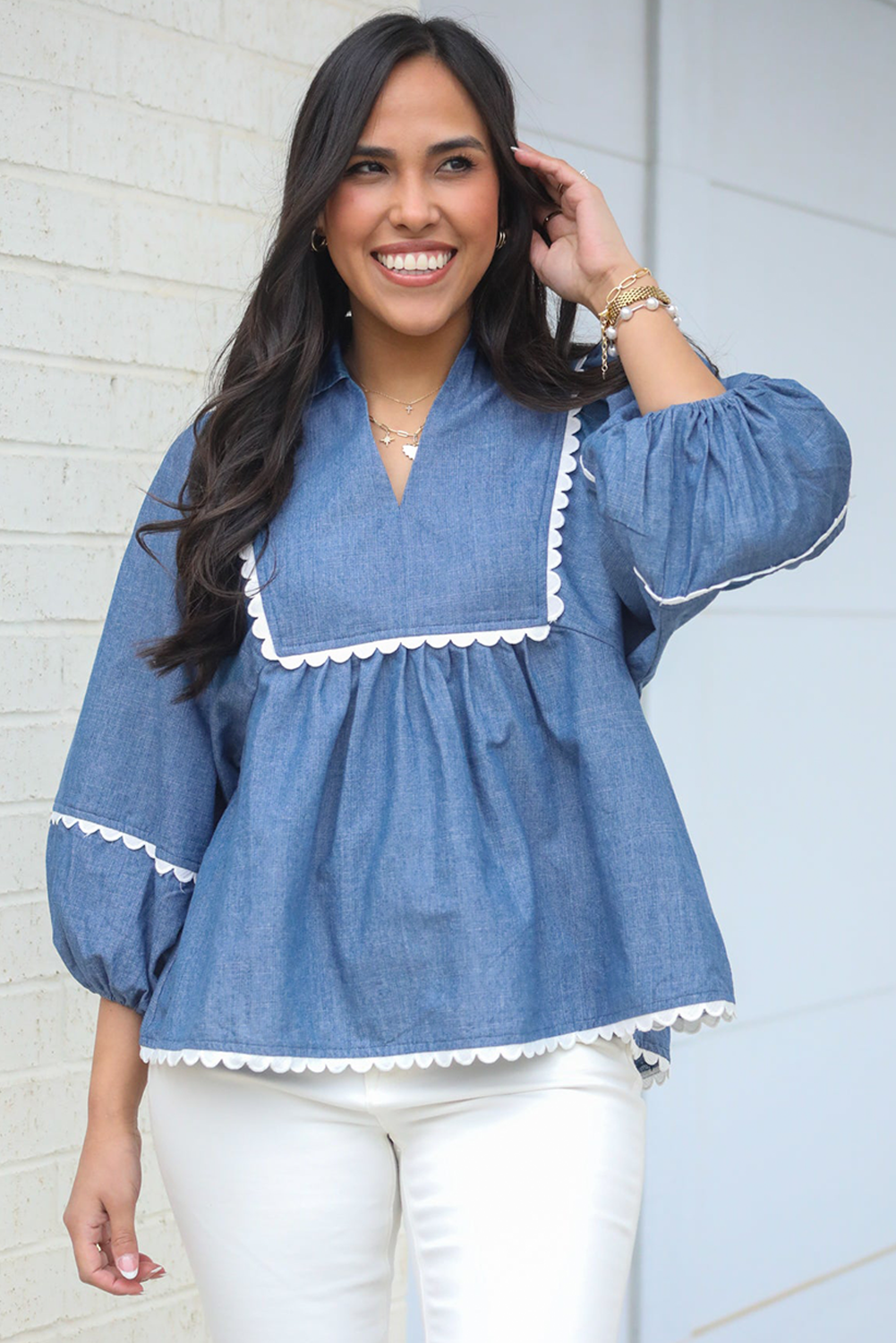 Dusk Blue Scallop Trim Puff Sleeve Collared Babydoll Blouse