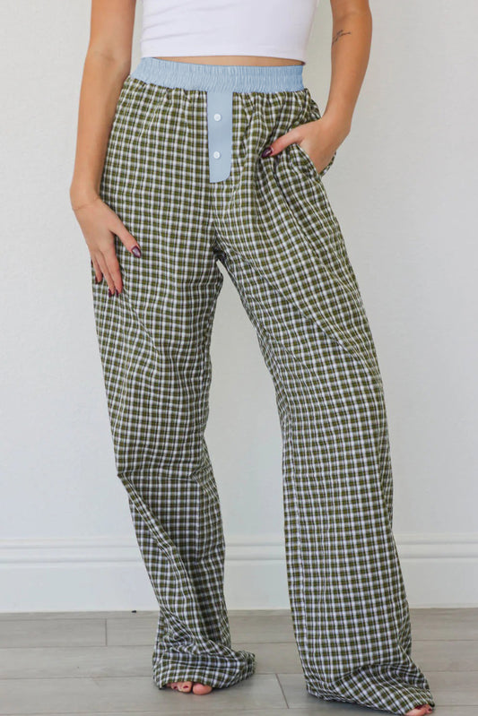 Brown Plaid Button High Waist Patchwork Pants