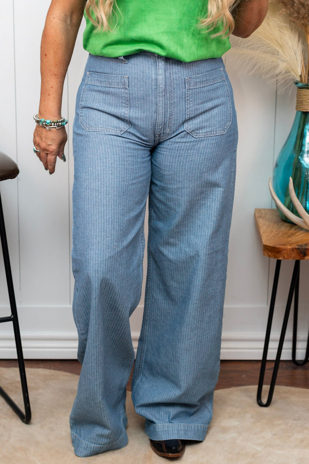 Dusk Blue Patched Pocket Textured Wide Leg Plus Size Jeans