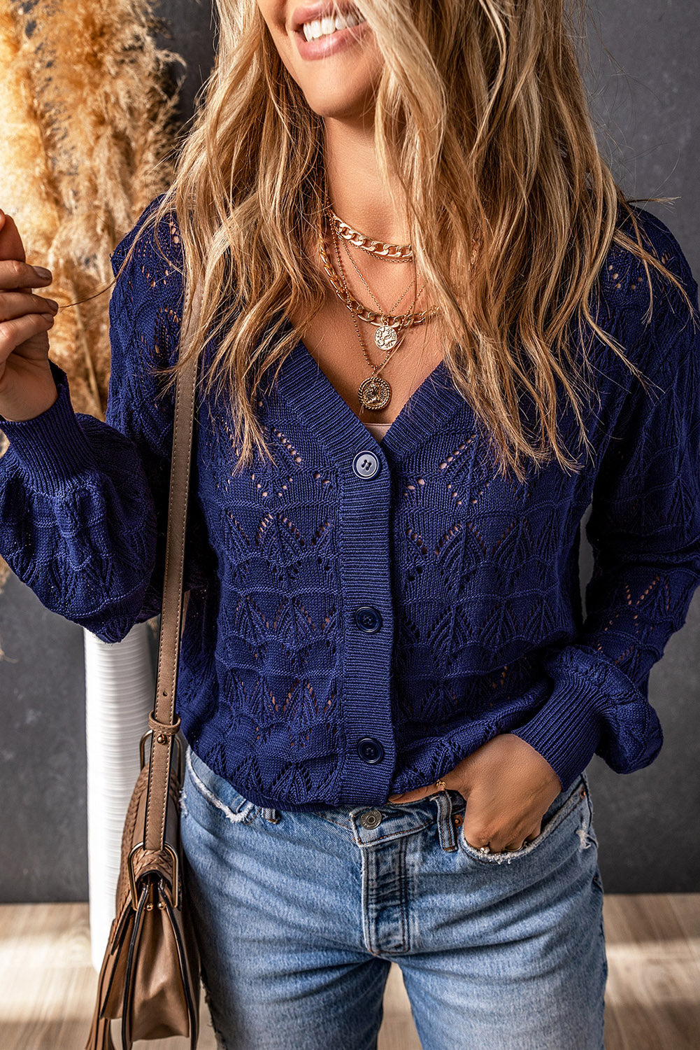 Black Lightweight Buttoned Front Crochet Cardigan