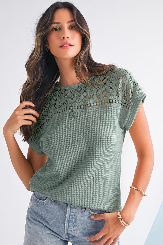 Mist Green Hollow Patchwork Waffle Knit Top
