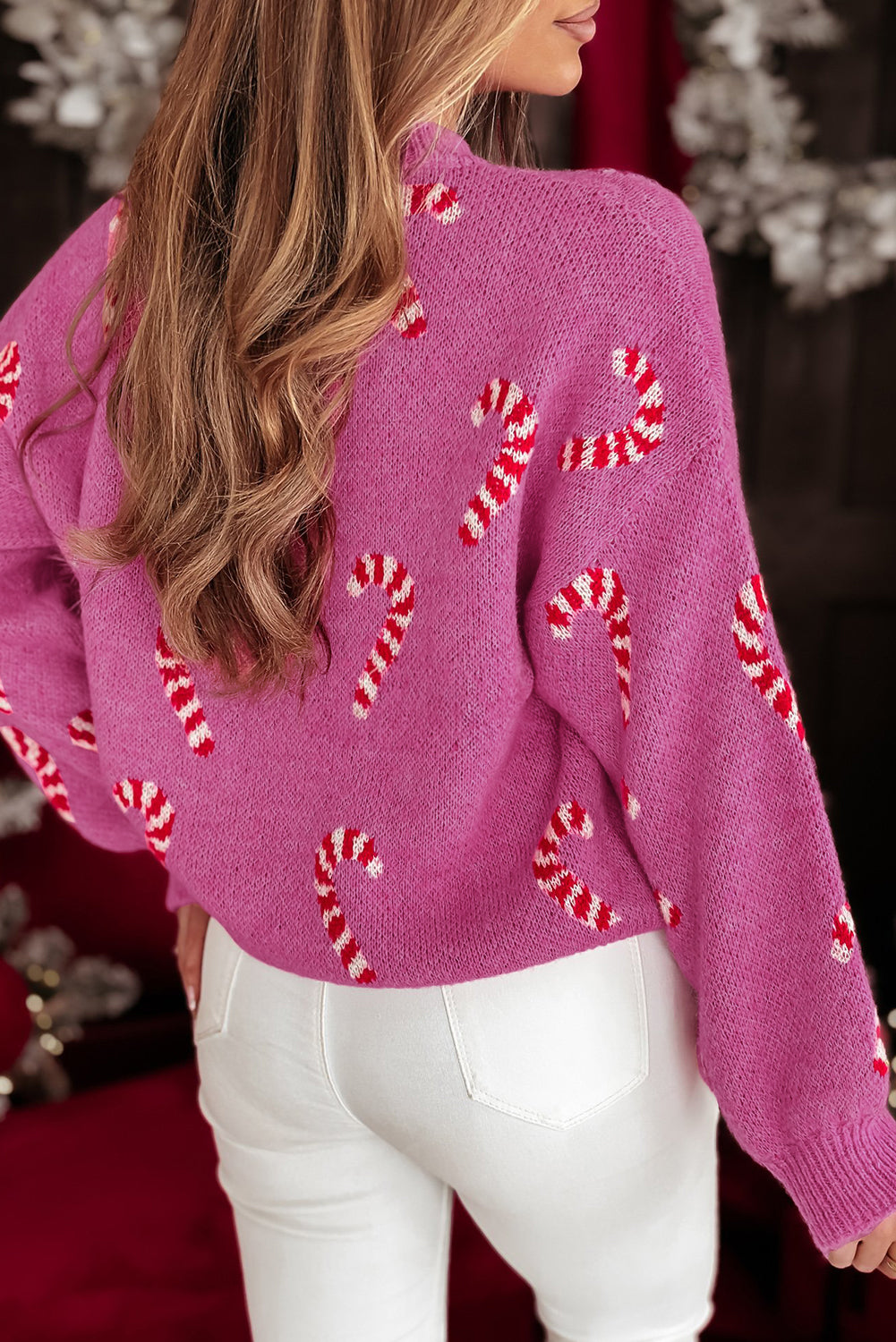 Sachet Pink Christmas Candy Cane Drop Shoulder Sweater