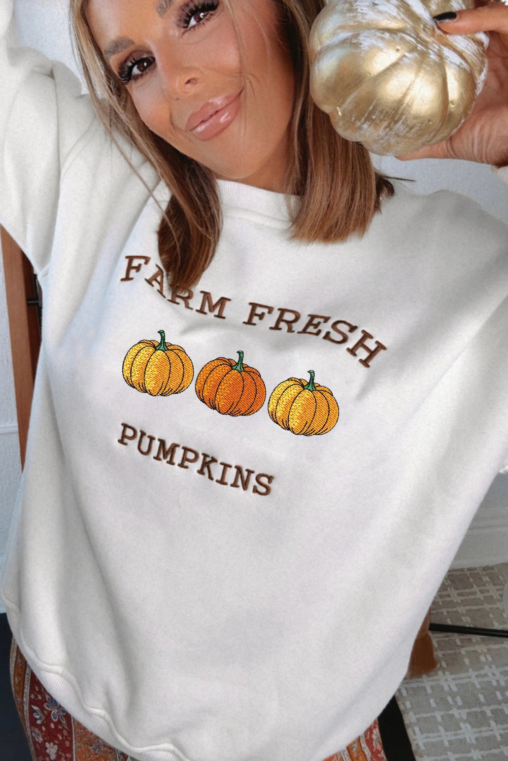 White FARM FRESH PUMPKINS Embroidered Festival Sweatshirt