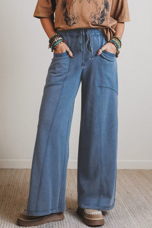Ashleigh Blue Mineral Wash Drawstring Retro High Waist Wide Leg Western Pants