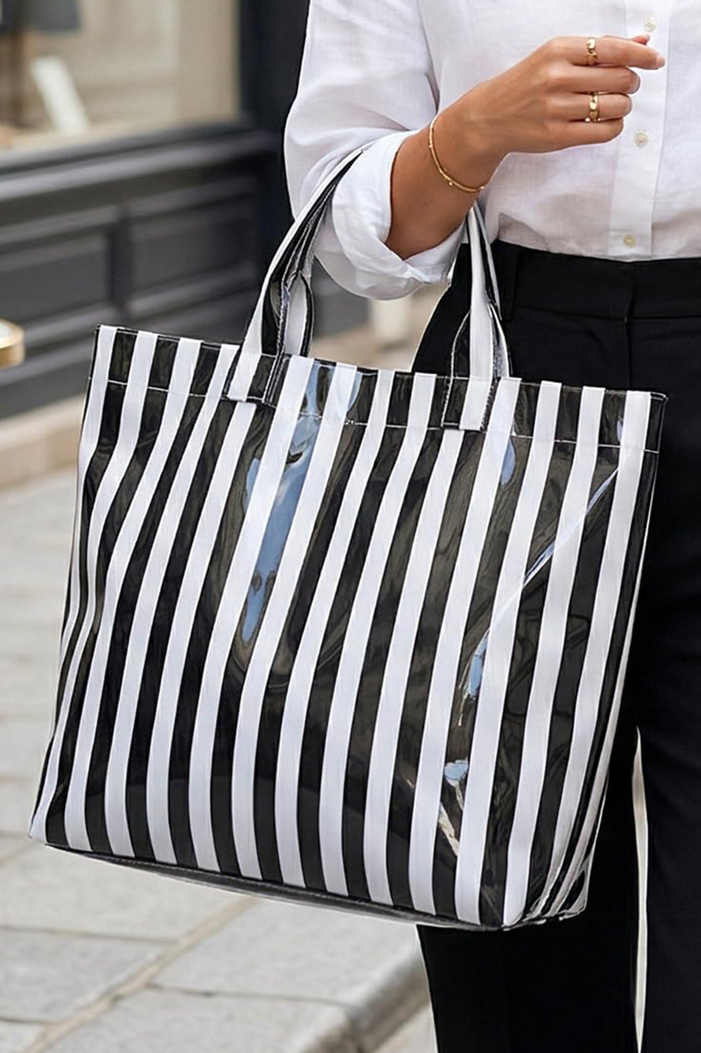 Pink Glossy Striped Vinyl Large Tote Bag