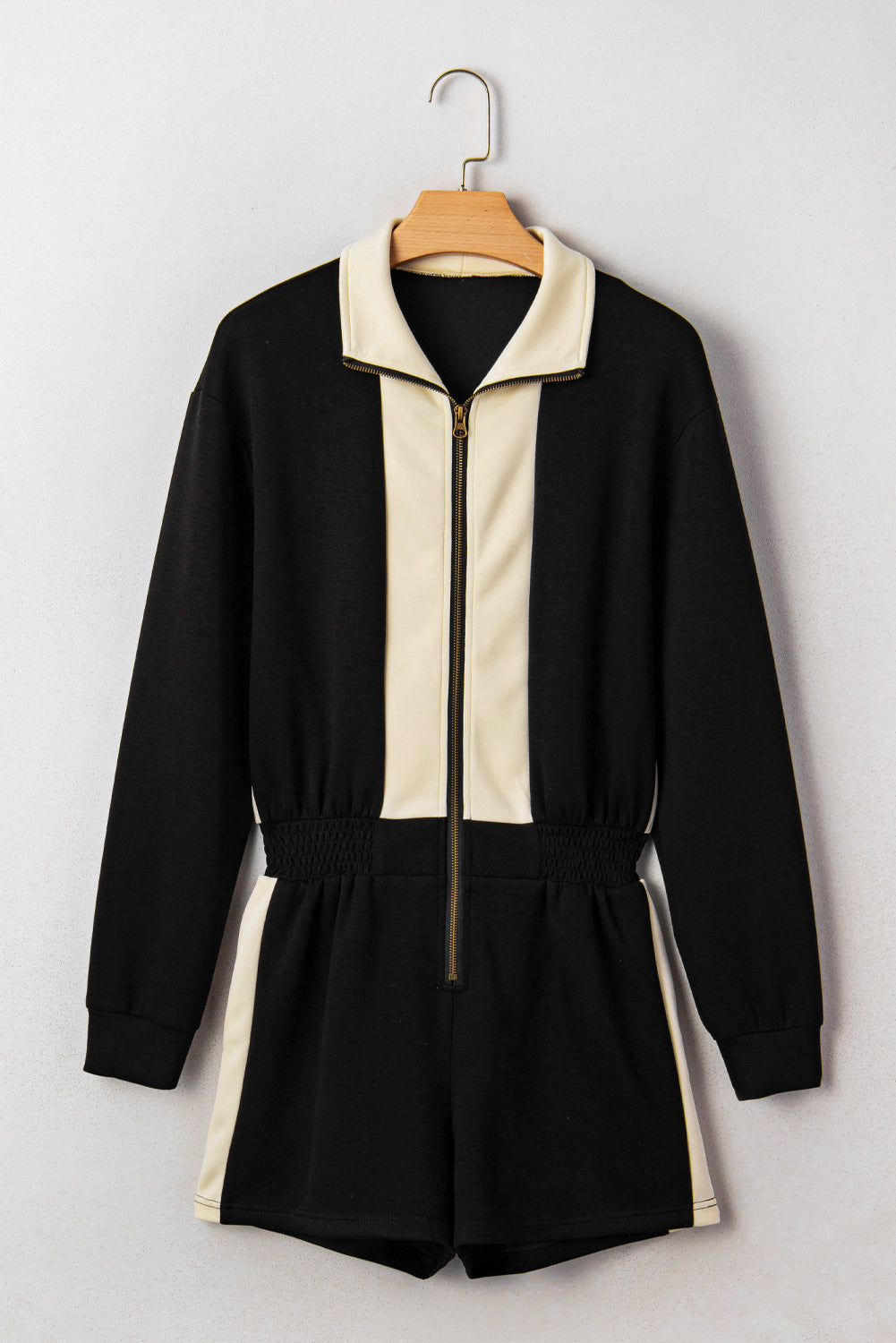 Black Two-Tone Zipper Long Sleeve Casual Romper
