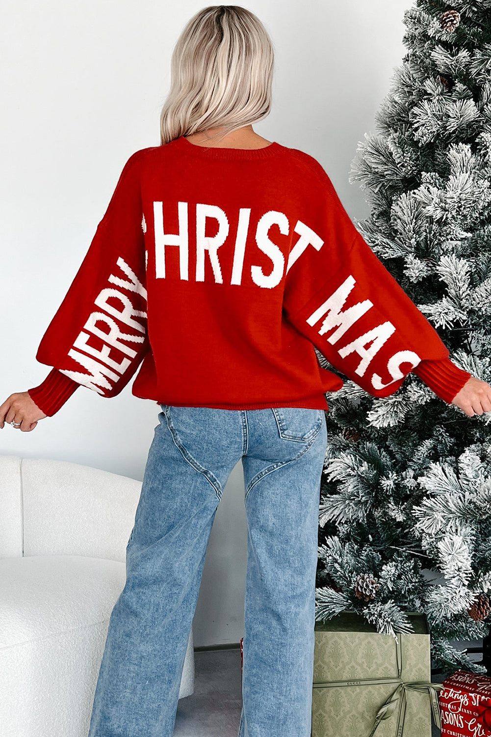 Red MERRY CHRISTMAS HO HO HO Drop Shoulder Loose Sweater