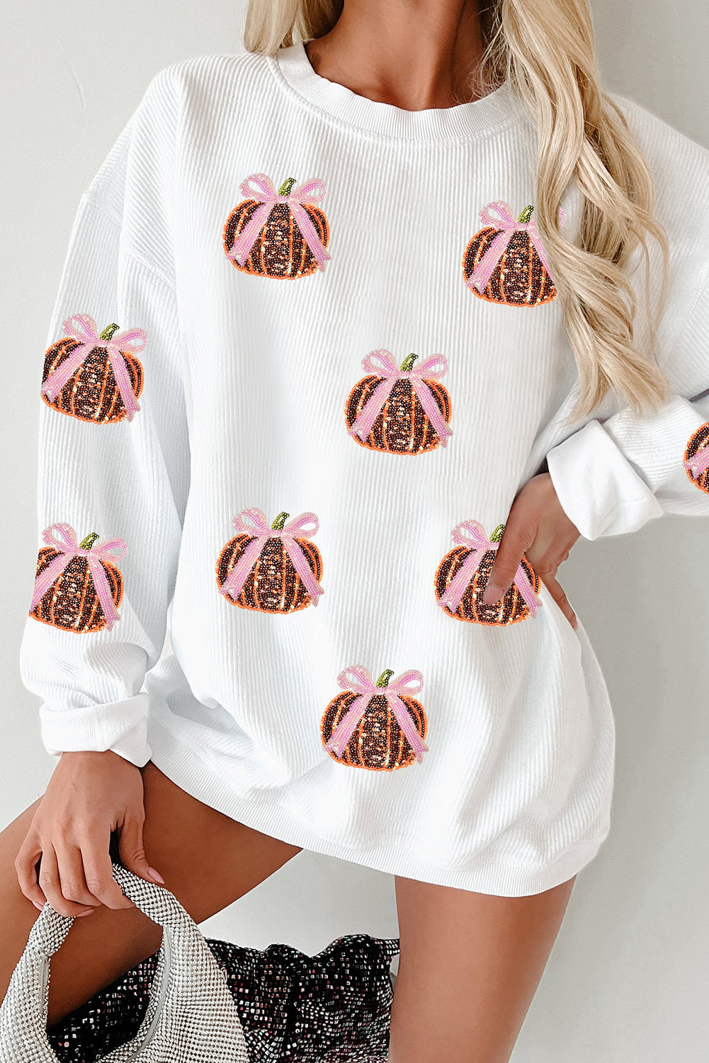 White Twisted Ribbed Sequin Bow Pumpkin Patch Application Graphic Sweatshirt