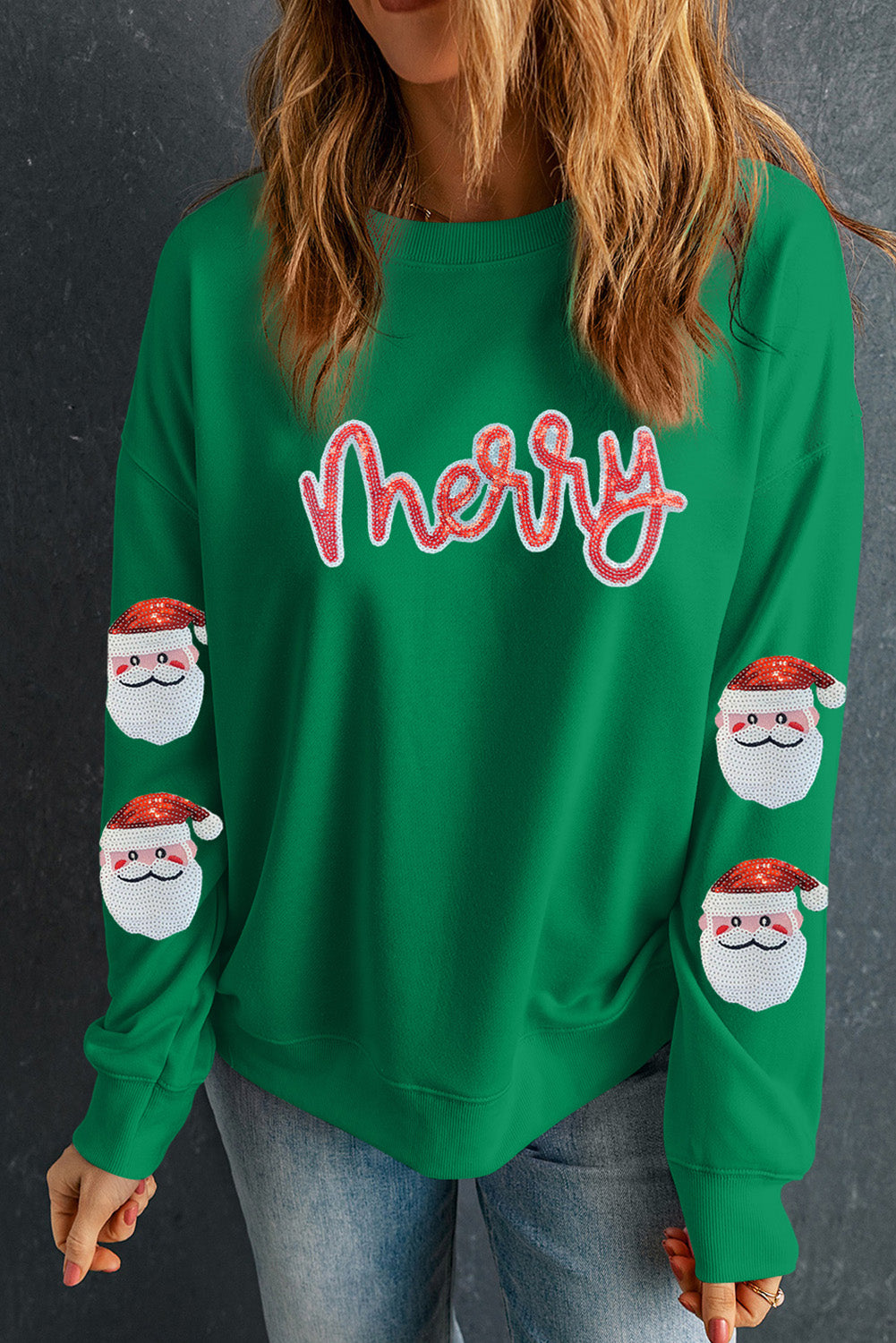 Dark Green Sequin Letter Graphic Christmas Patched Sweatshirt