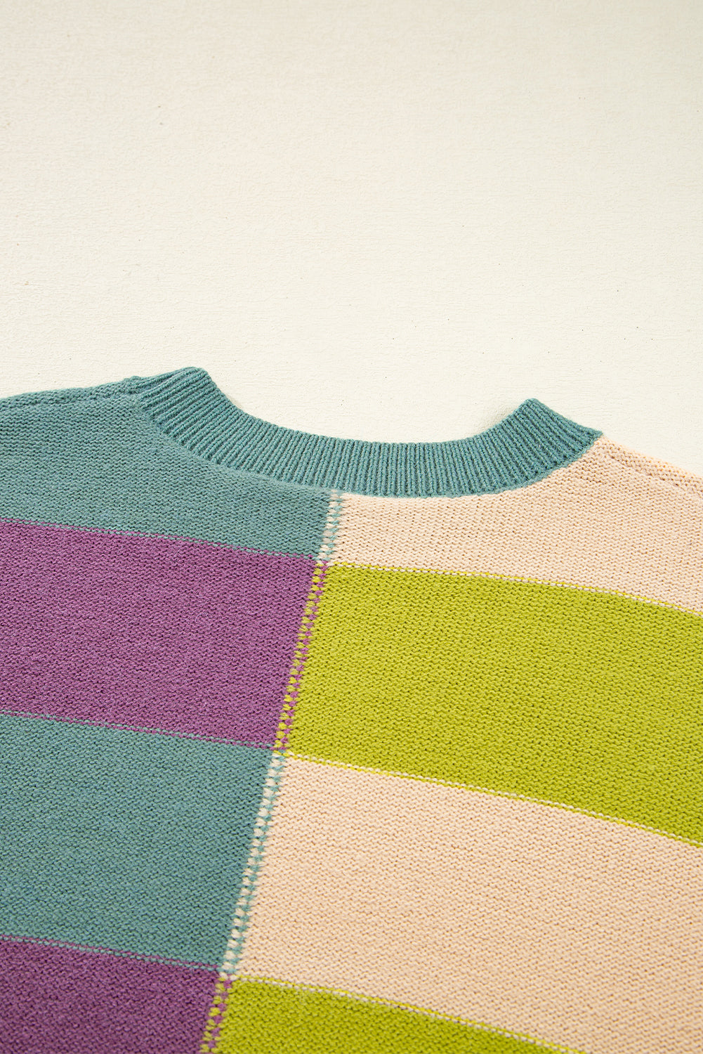 Green Stripe Colorblock Drop Shoulder Ribbed Edge Sweater