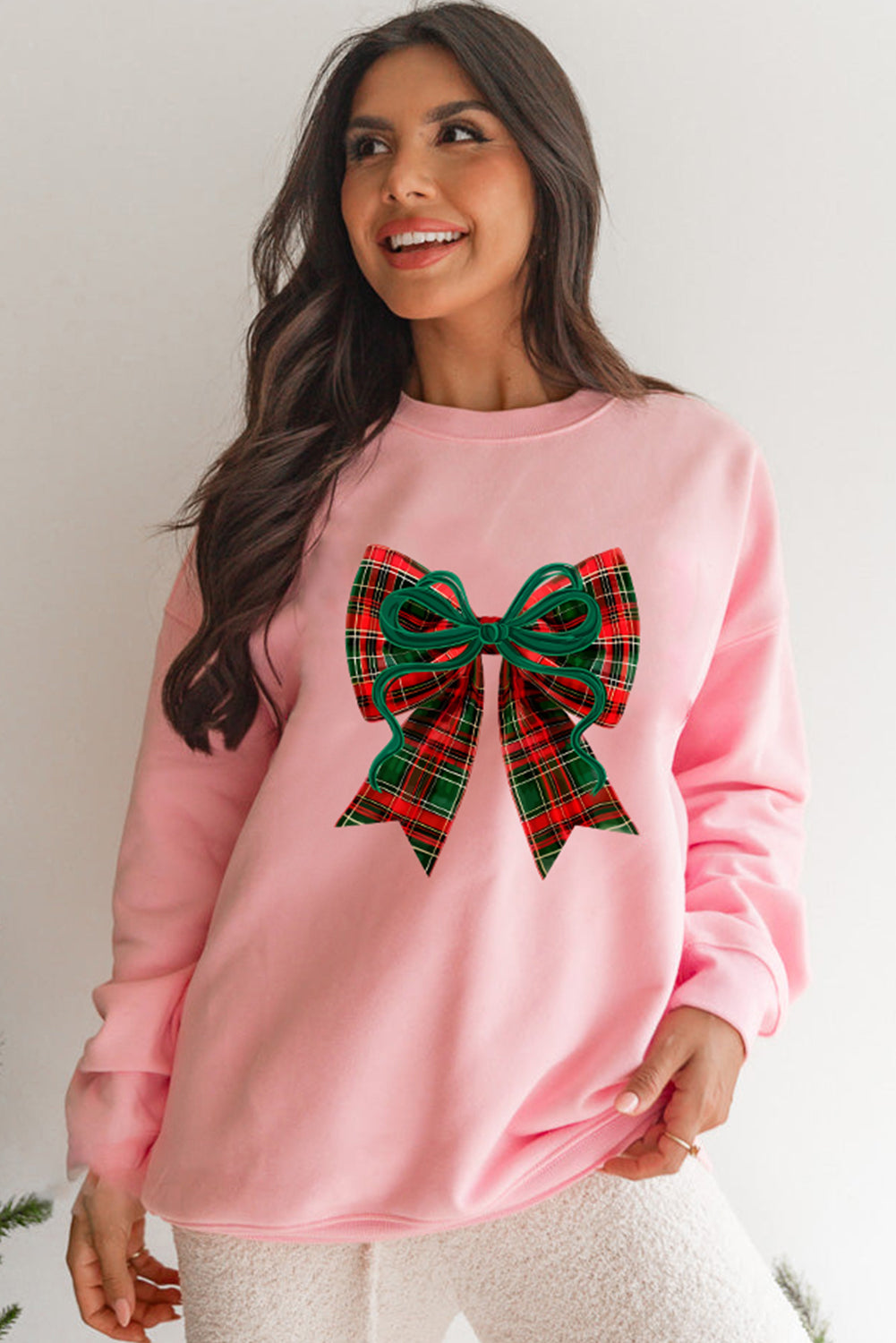 Pink Plaid Bow Heat Transfer Printing Christmas Vibe Sweatshirt
