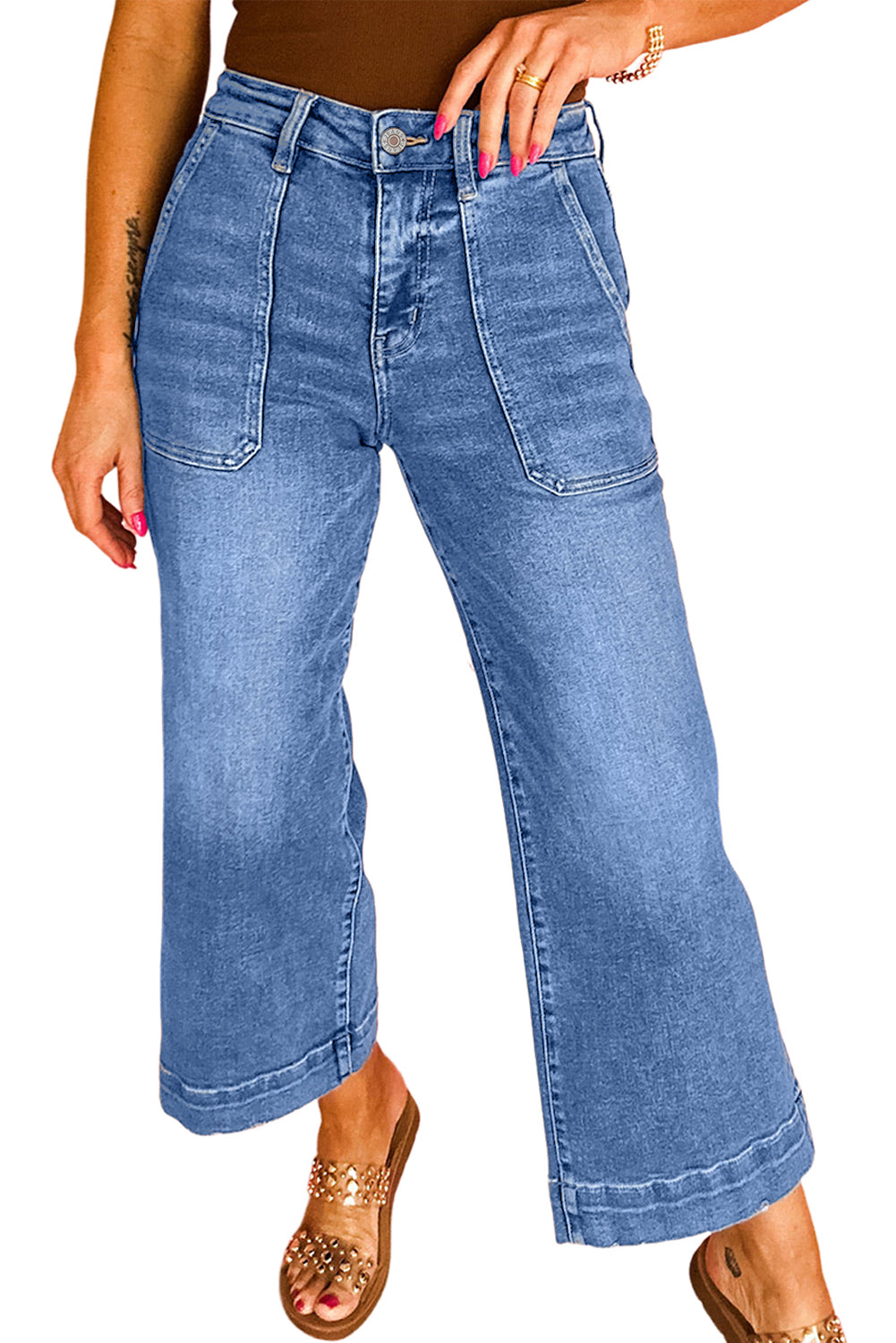 Sky Blue Cropped High Rise Wide Leg Jeans