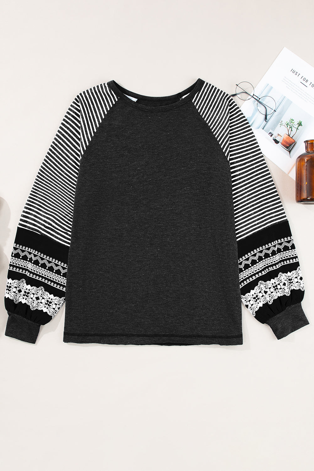 Brown Contrast Print Striped Raglan Long Sleeve Loose Top