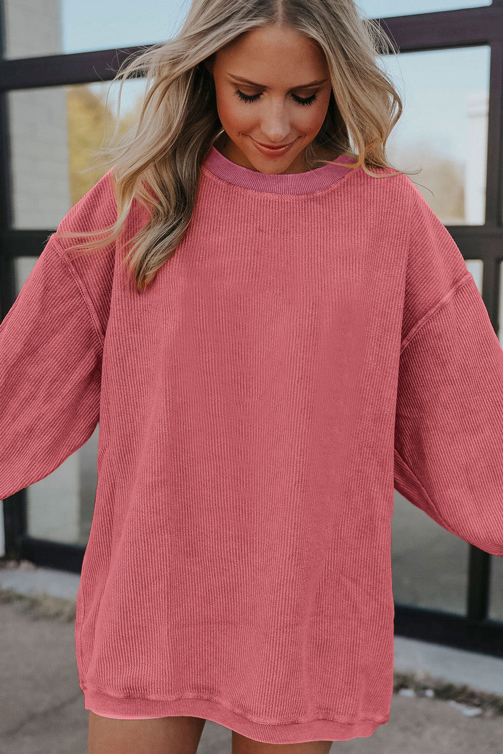 Light Pink Plain Drop Sleeve Crinkle Rib Oversized Sweatshirt
