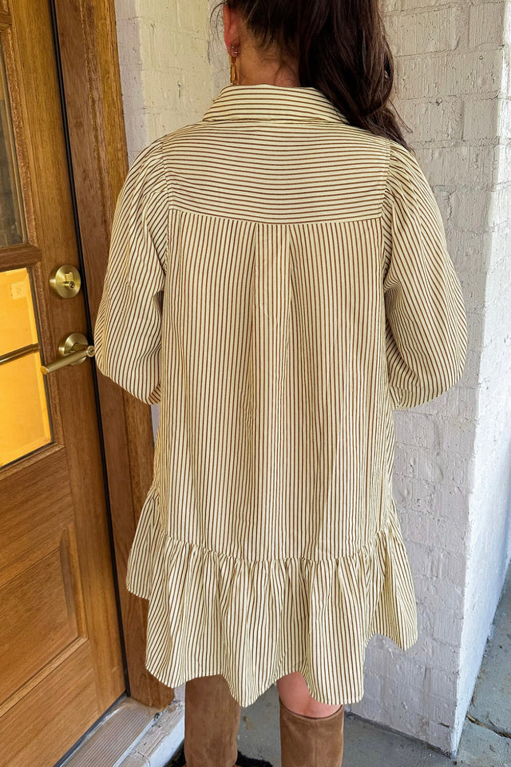 Brown Striped Shirt Collar Ruffle Hem Long Sleeve Dress