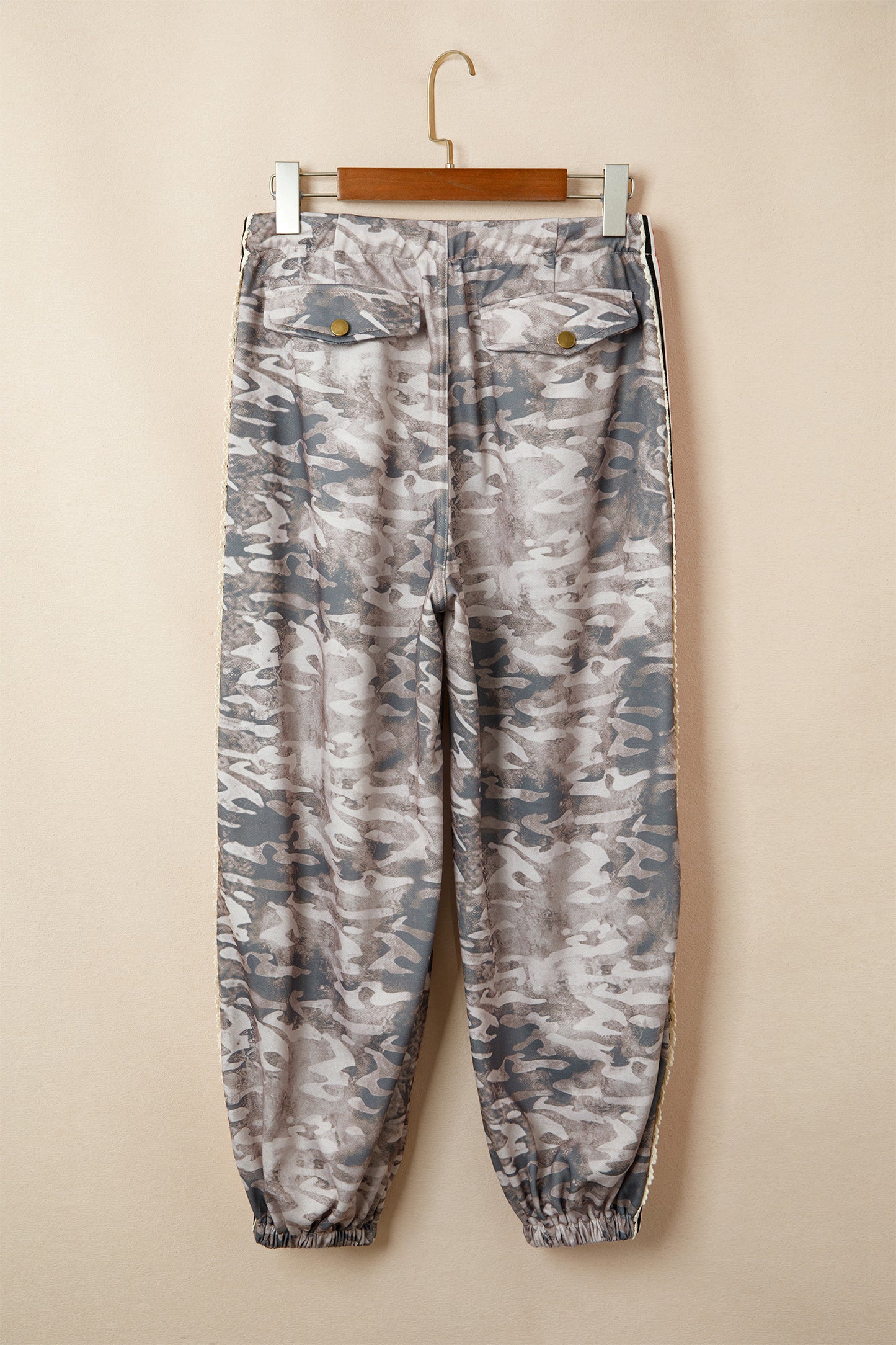 Green Camouflage Print Striped Side Panel Patchwork Drawstring Pants
