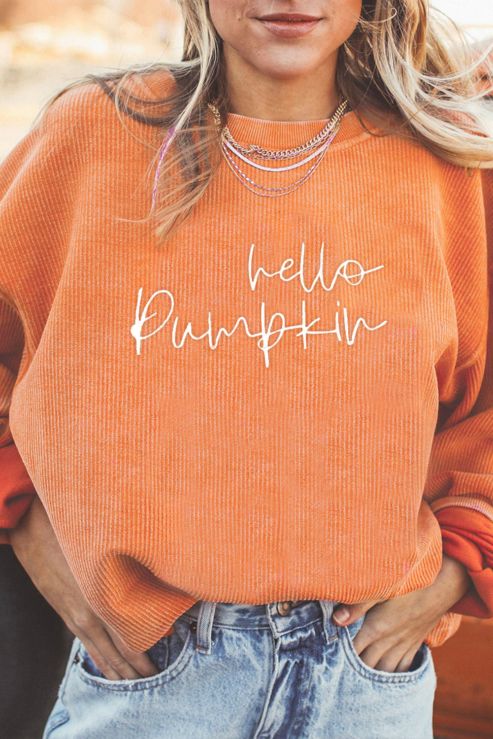Orange hello pumpkin Letter Embroidered Ribbed Texture Baggy Sweatshirt