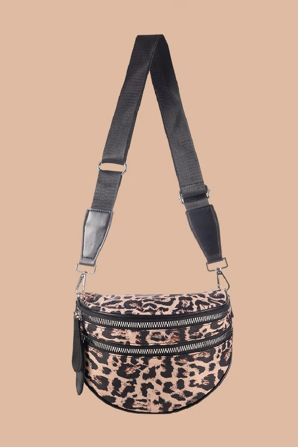 Coffee Leopard Print Double Zipper Crossbody Bag
