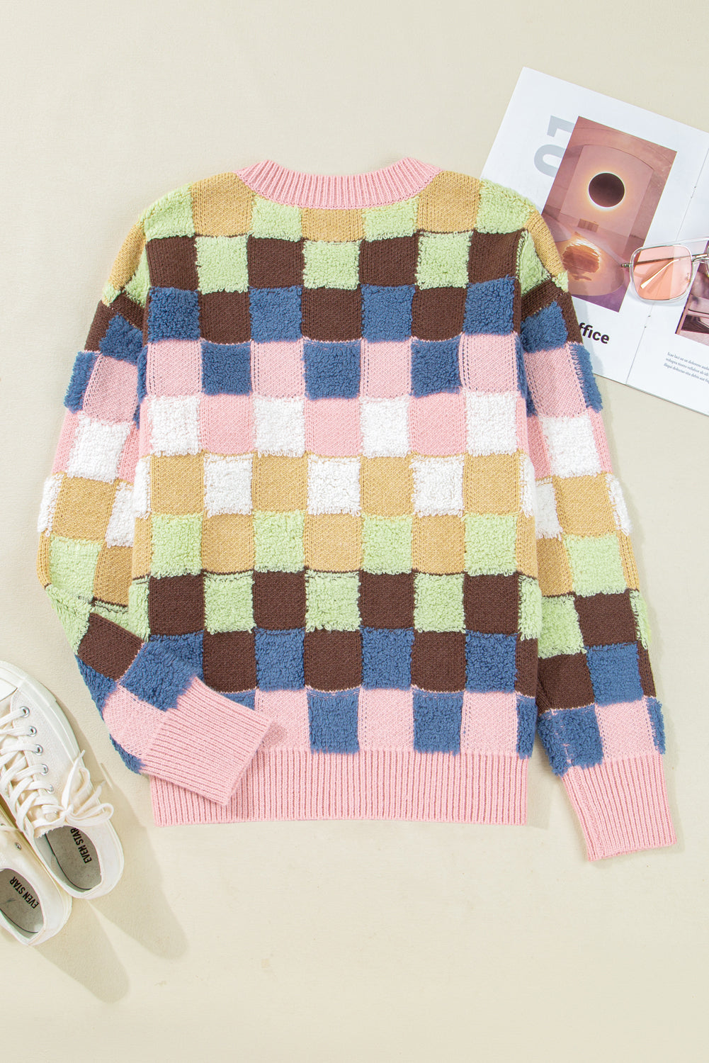 Multicolour Checkered Pattern Button Front Knit Cardigan